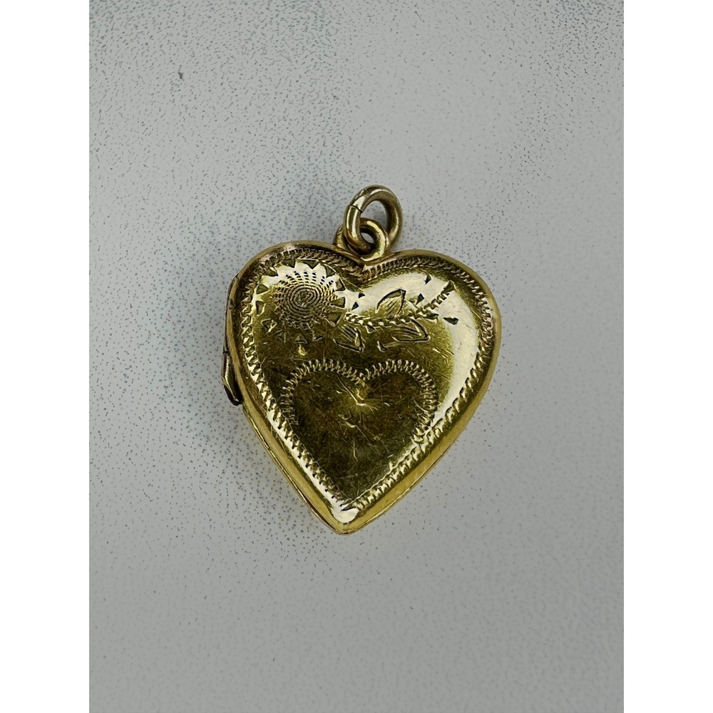 Charme Gold Filled Heart Locket Pendant Vintage Etched Floral Sunflower Jewelry